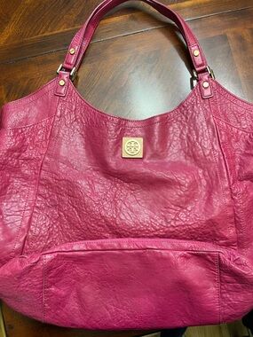 Tory Burch Magenta Leather Tote with Gold Logo Accent